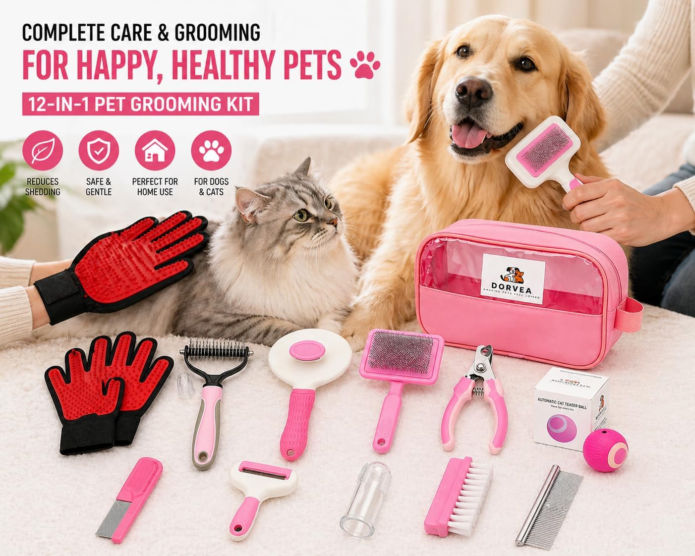 Pet Grooming Kit 12-in-1 for Dogs & Cats - Professional Deshedding Brush, Nail Clipper, Slicker Brush Flea Comb
