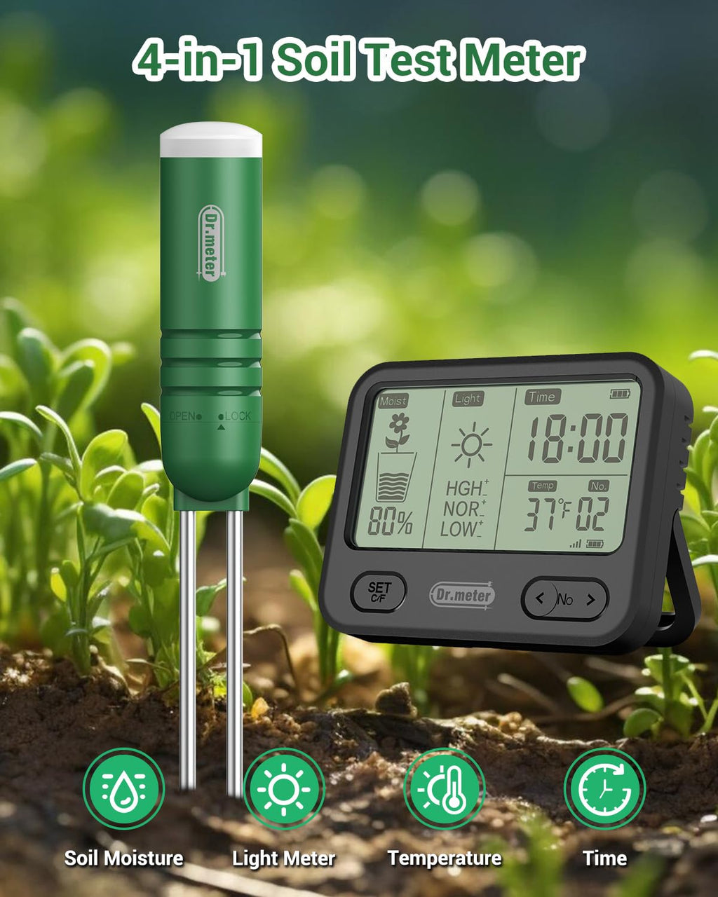 4-in-1 Soil Moisture Meter 300ft Wireless Soil Tester Sensor | Temperature/Light/Time/Soil Hygrometer Monitor with
