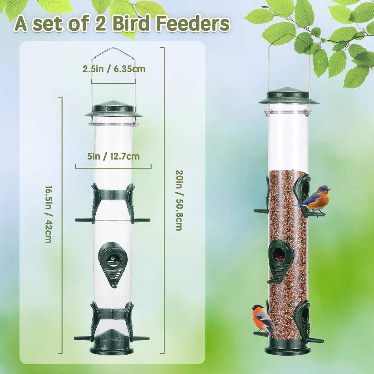 Metal Bird Feeder Tube Hanging Wild Bird Seed Feeder Aluminum Six Port Bird Feeders,1.4 mm Extra Thick Solid Tube