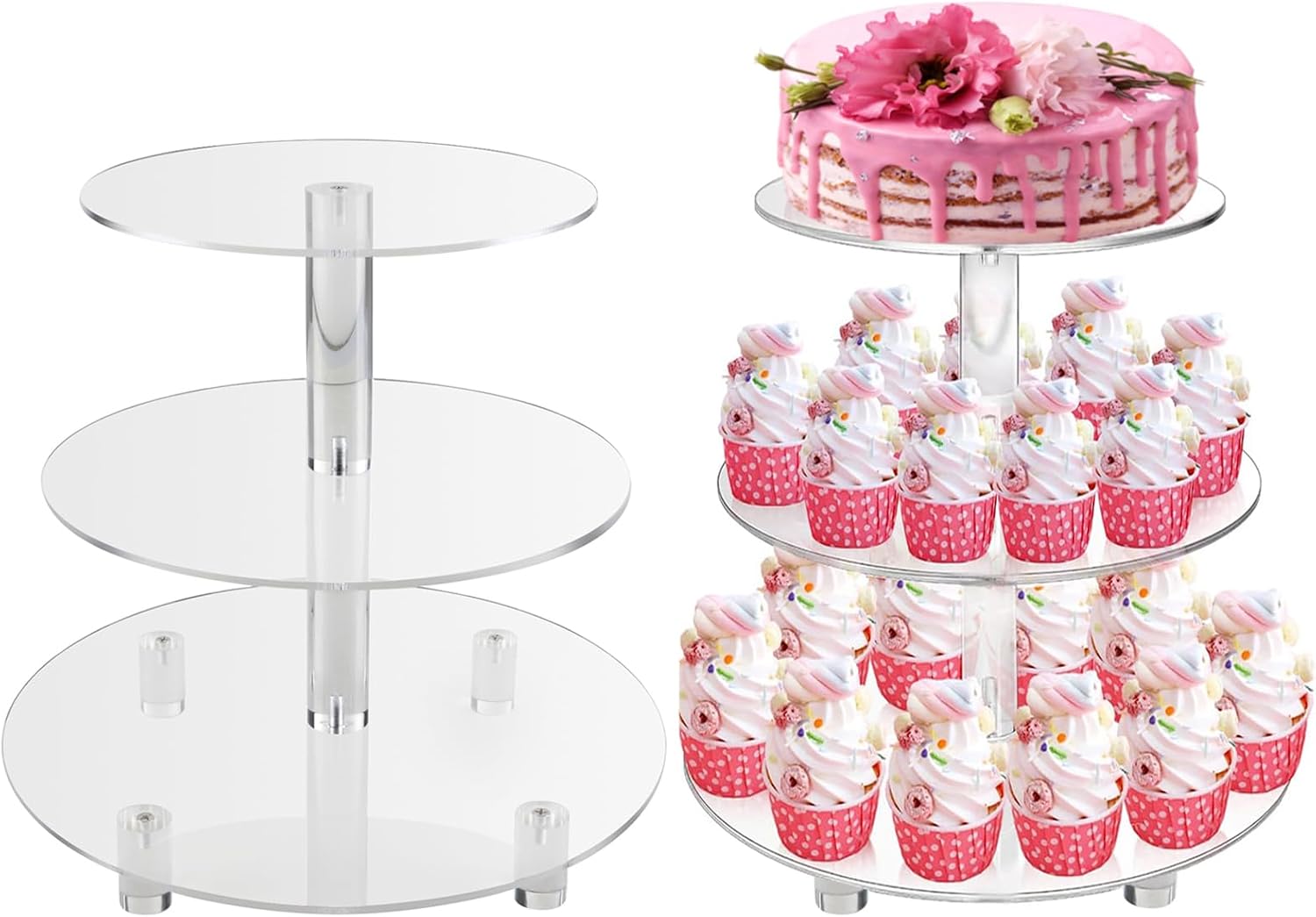 3 Tiers Round Cupcake Stand, Acrylic Cake Tower Stand Holder Macaron Display Rack Cookie Candy Buffet Desserts