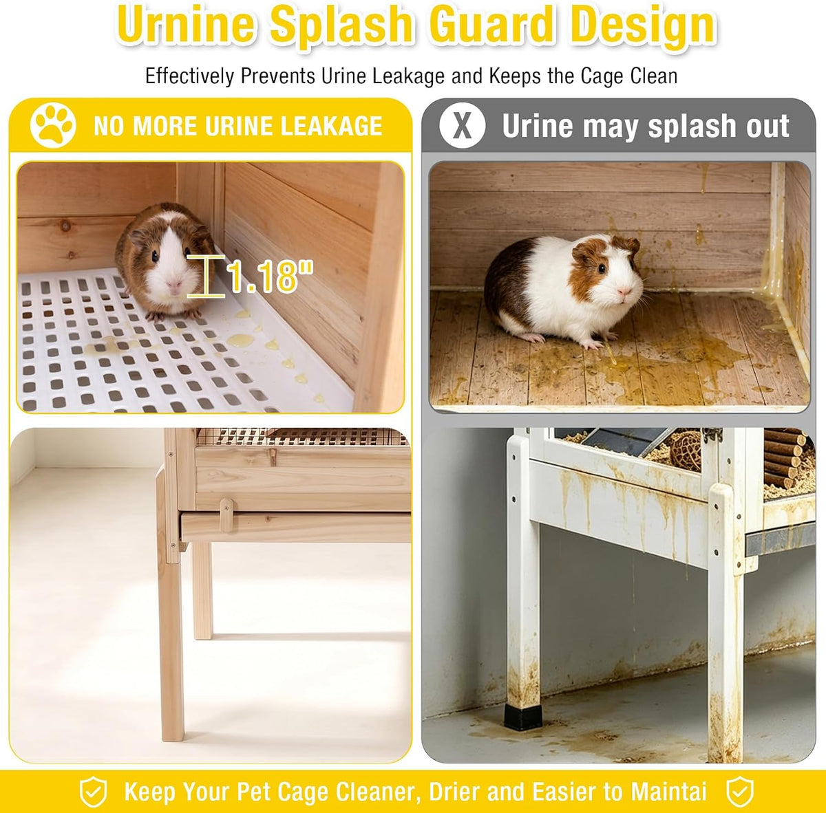 Wooden Guinea Pig Cages Indoor with Removable Stand, Anti Chewing Rabbit Hutch with Ramp and Wire Mesh, 2 Story Small