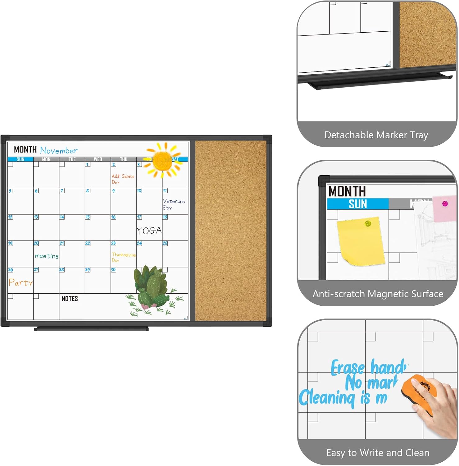 XBoard Dry Erase Calendar Whiteboard 28 X 20 - Combo White Board Calendar Monthly, Magnetic White Board + Corkboard