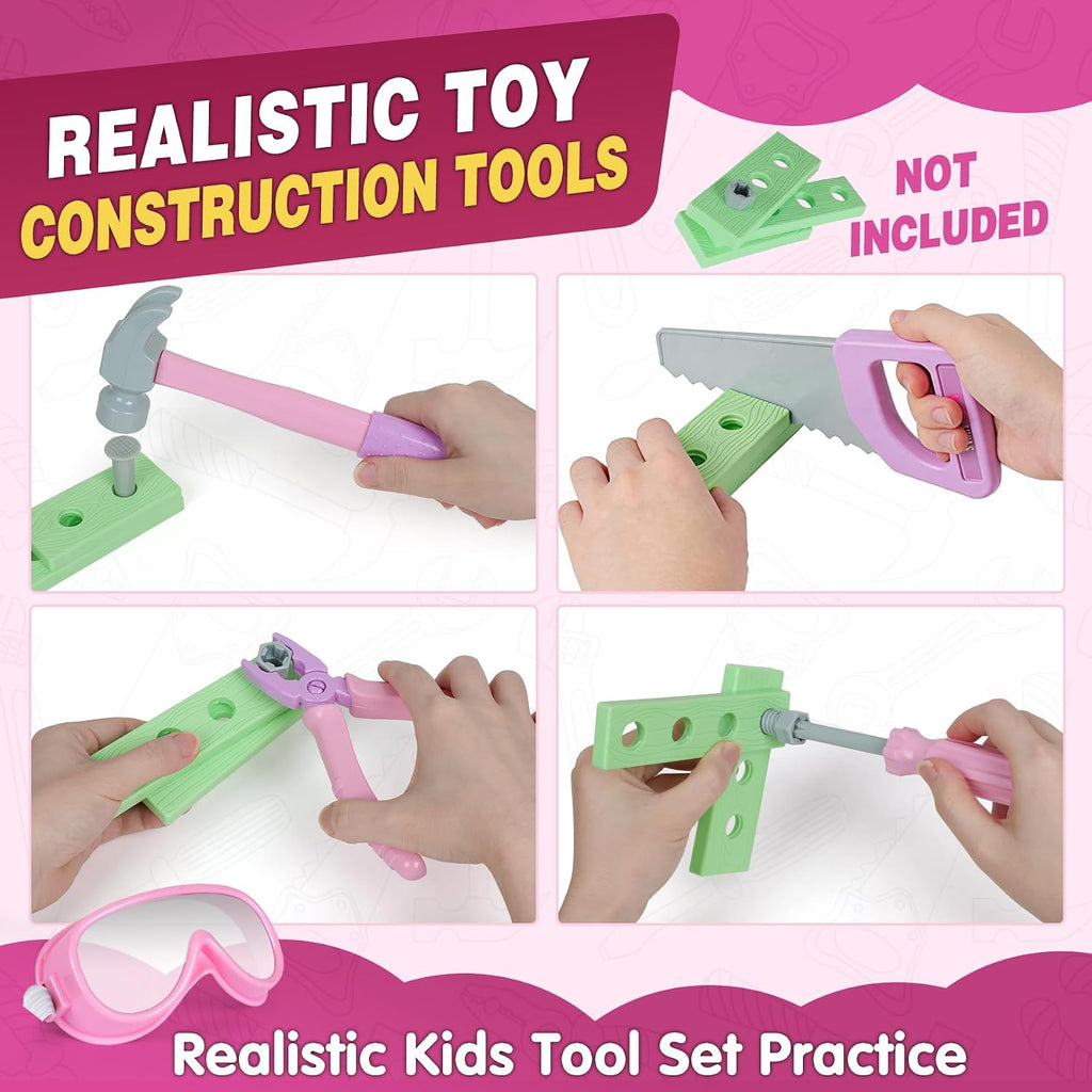 Pink Kids Tool Set with Construction Worker Costume for Girls Ages 3-5 - Toddler Dress Up Clothes, Toy Tools, Hat &