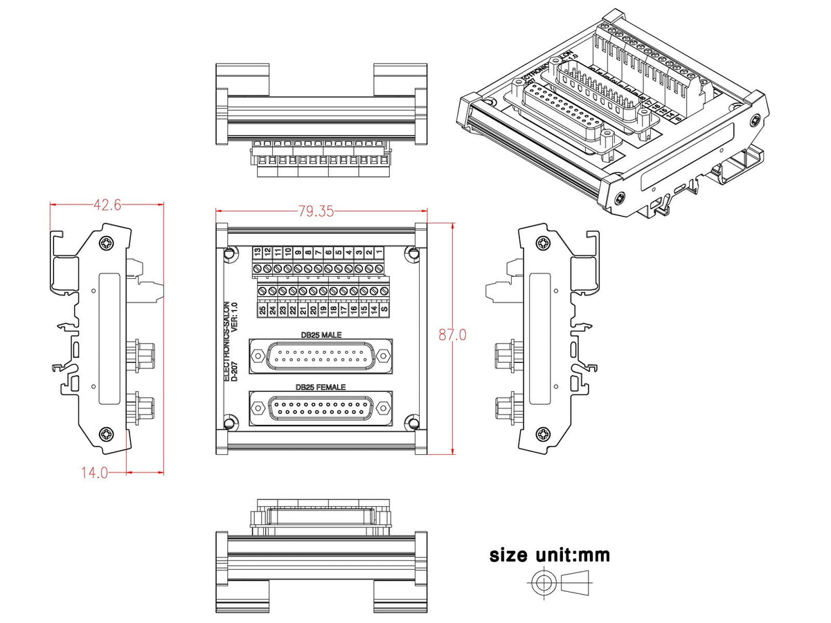 Electronics-Salon DB25 D-SUB DIN Rail Mount Interface Module, Male/Female, DSUB Breakout Board.