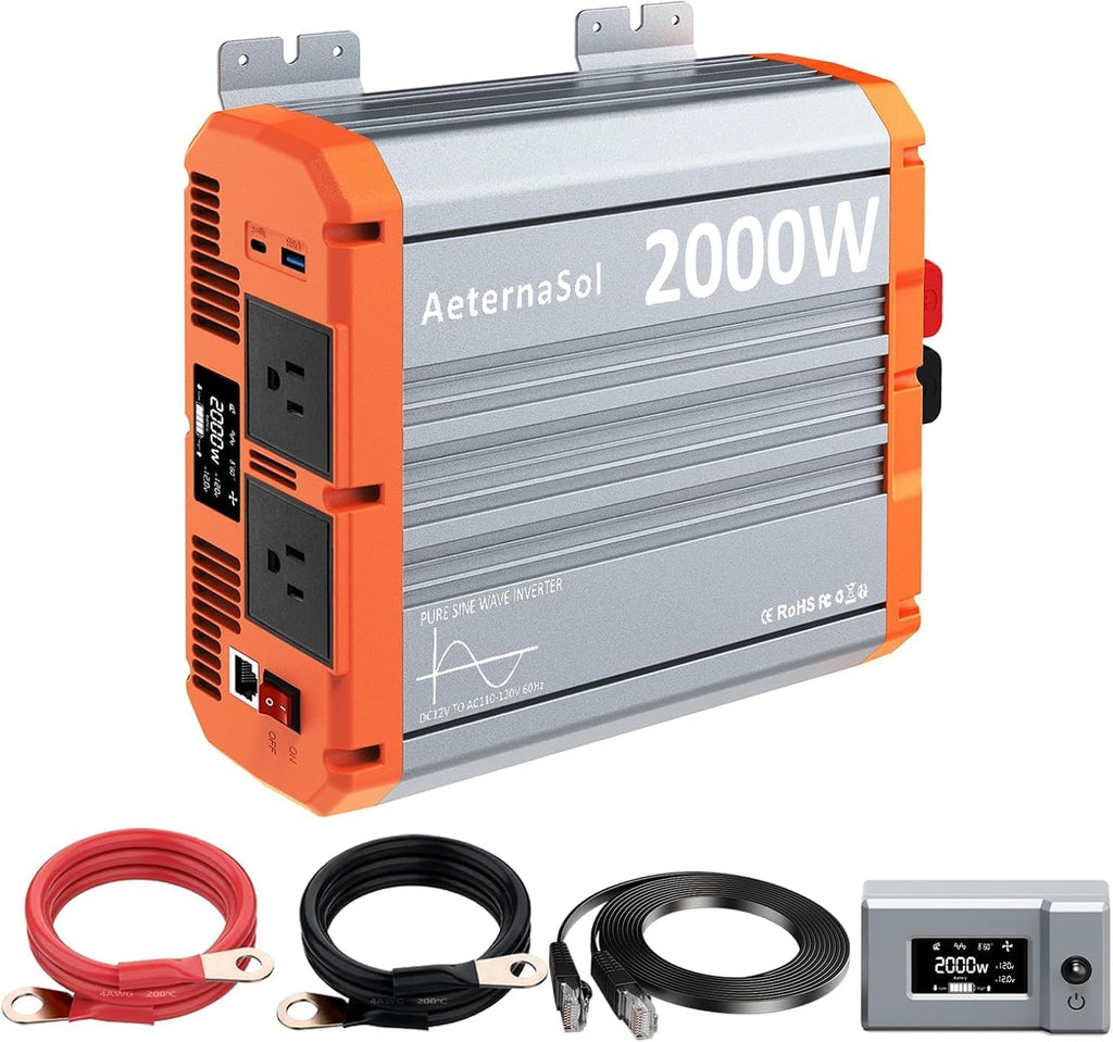 2000 Watt Pure Sine Wave Inverter 12V DC to 110V/120V AC, RV Power Inverter with Remote Control, 4000W Peak Solar