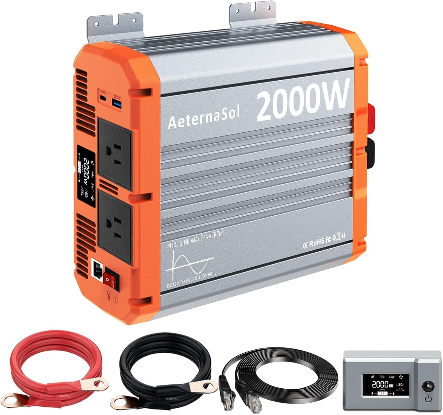 2000 Watt Pure Sine Wave Inverter 12V DC to 110V/120V AC, RV Power Inverter with Remote Control, 4000W Peak Solar