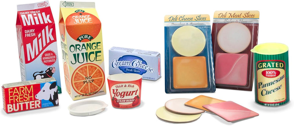 Melissa & Doug Fridge Fillers Grocery Play Food Cartons (8 Pieces) Wooden Toy Groceries, Pretend Play Food, Kitchen