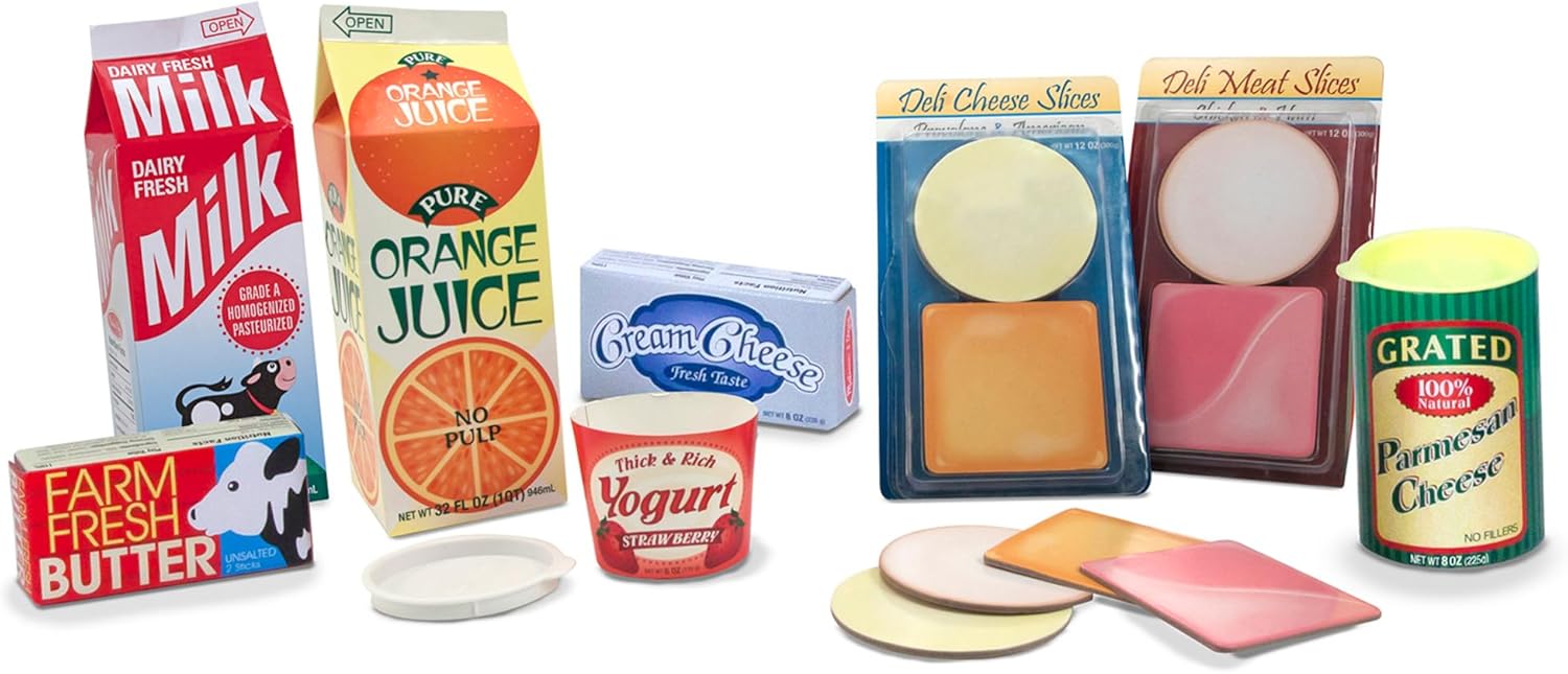 Melissa & Doug Fridge Fillers Grocery Play Food Cartons (8 Pieces) Wooden Toy Groceries, Pretend Play Food, Kitchen