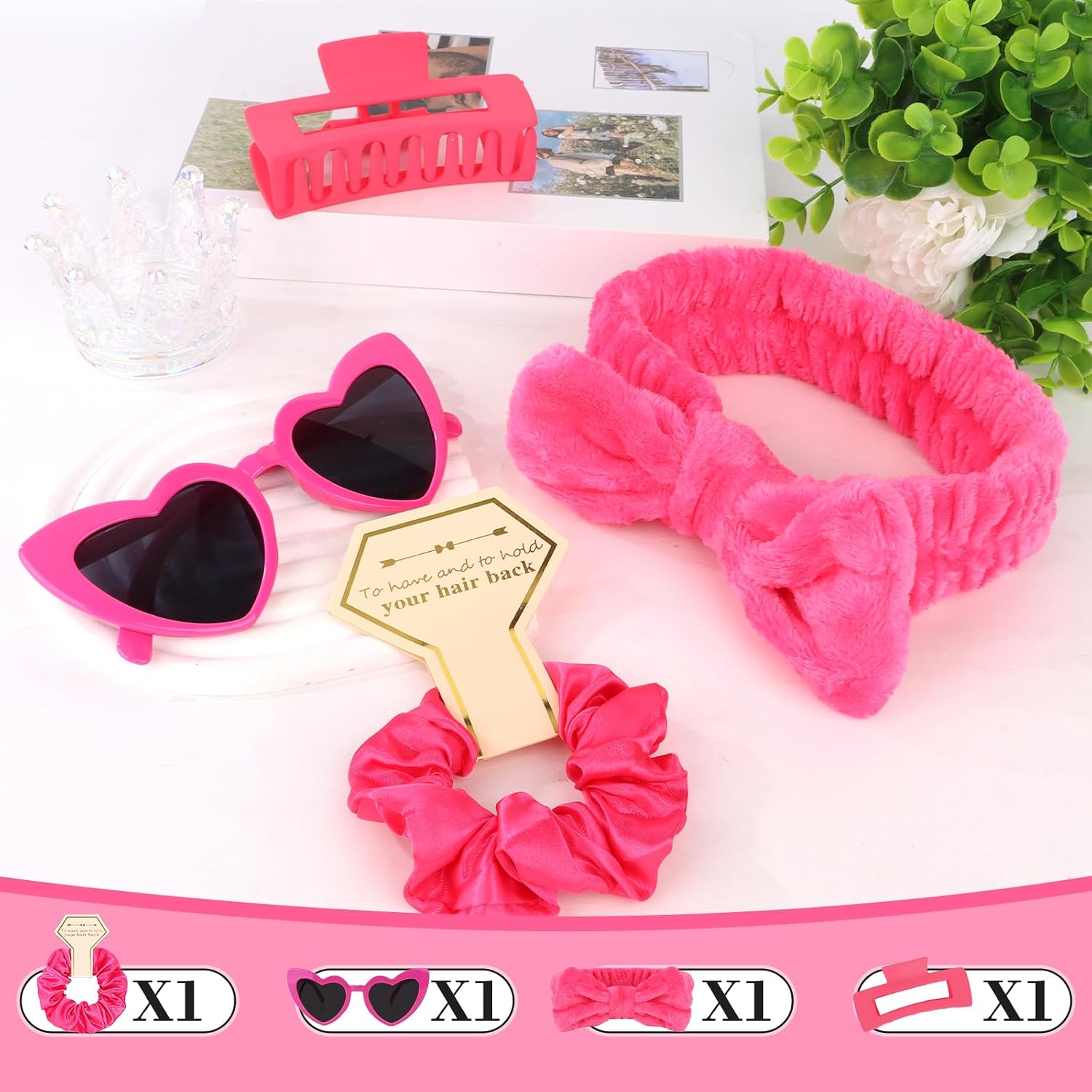 4 Pcs Hot Pink Bridesmaid Proposal Gifts Bridesmaid Spa Headband, Hair Claw Clips, Heart Shaped Sunglasses and Smooth
