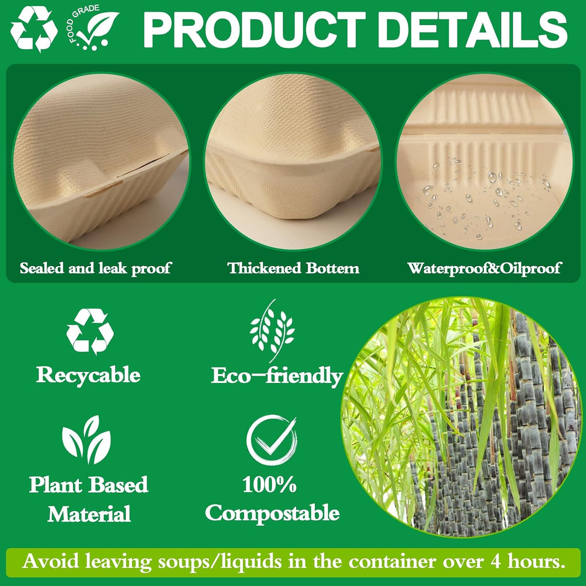 Compostable Clamshell Food Containers [9x6 Inch 100-Pack] Disposable To Go Food Containers, Clamshell To Go Boxes for