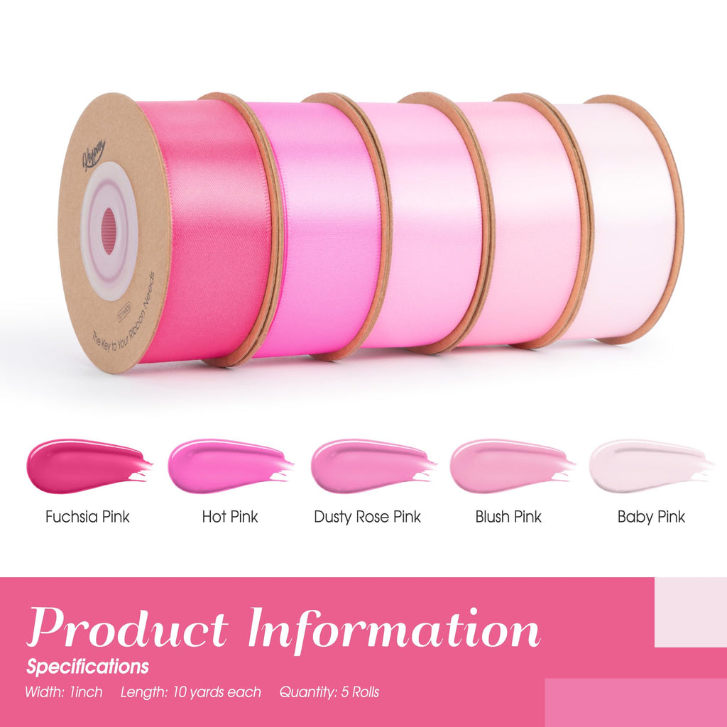 Pink Satin Ribbon Set 1" x 50 Yards, 5 Rolls