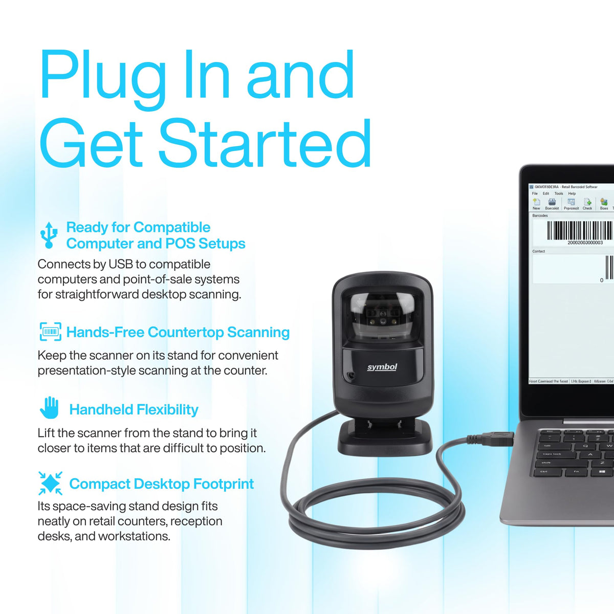 DS9208 Zebra Symbol 1D/2D Hands-Free Barcode Scanner, USB Cable Included
