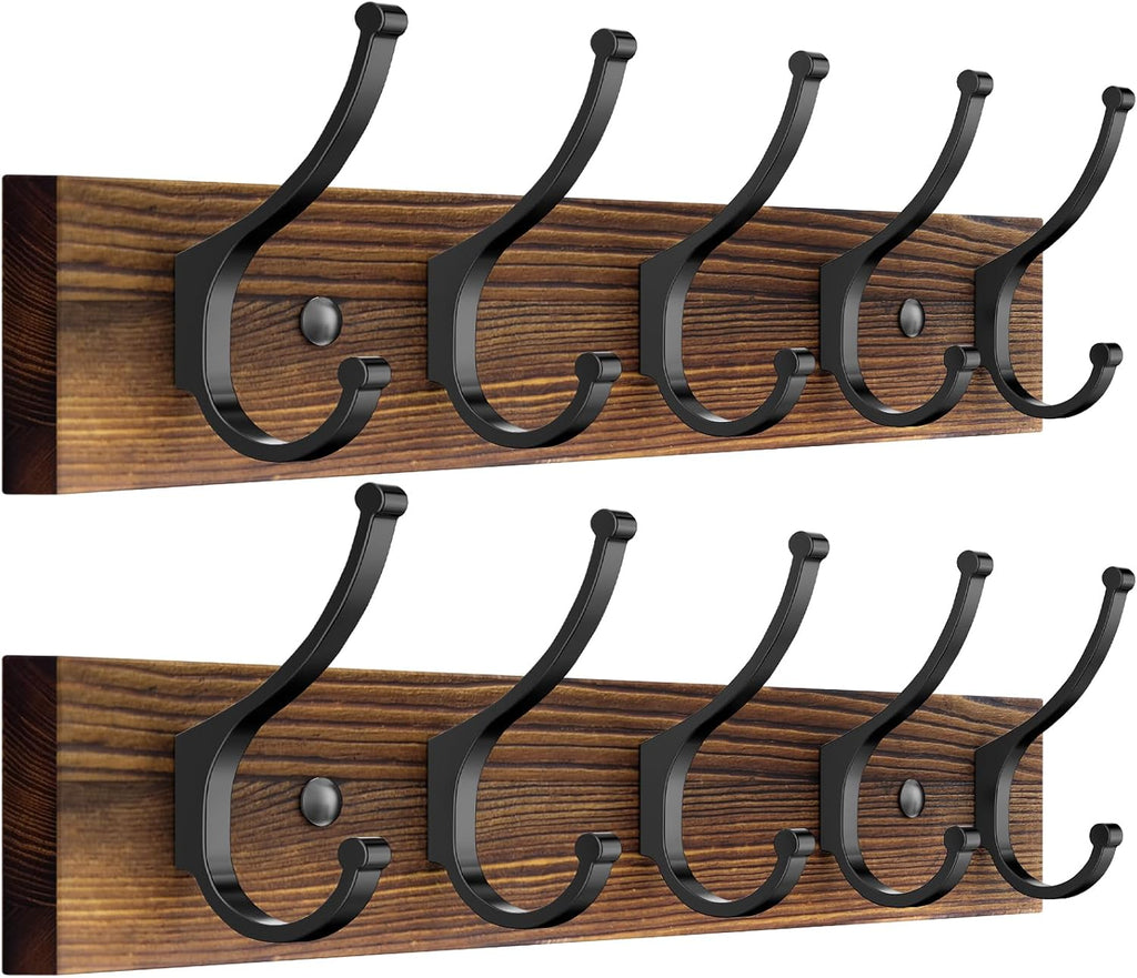 2 Pack Wooden Coat Rack Wall Mount, 16.1" Rustic Coat Hanger Hooks with 10 Double Hooks, Wall Coat Rack for Hat