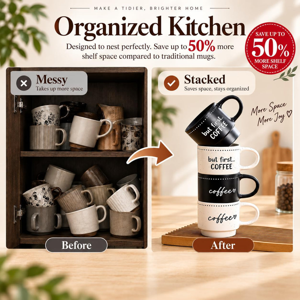 Ceramic Coffee Mugs, Coffee Mug Set of 4, 10oz Stackable Coffee Cups Set