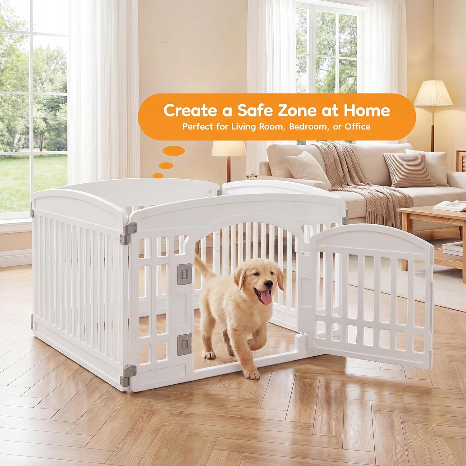 Dog Playpen 4-Panel, 24IN Puppy Playpen, Stable Dog Play Pen Indoors/Outdoor with Secure Locking Door, Plastic Pet