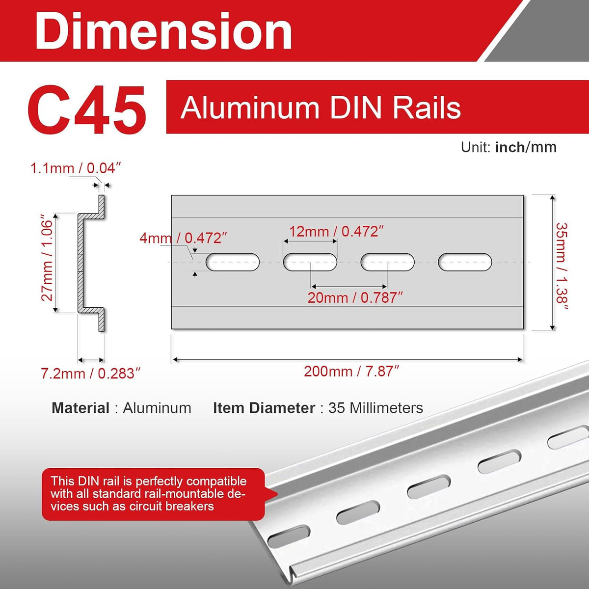 7PCS Aluminum DIN Rail, 200mm x 35mm x 7.5mm Slotted