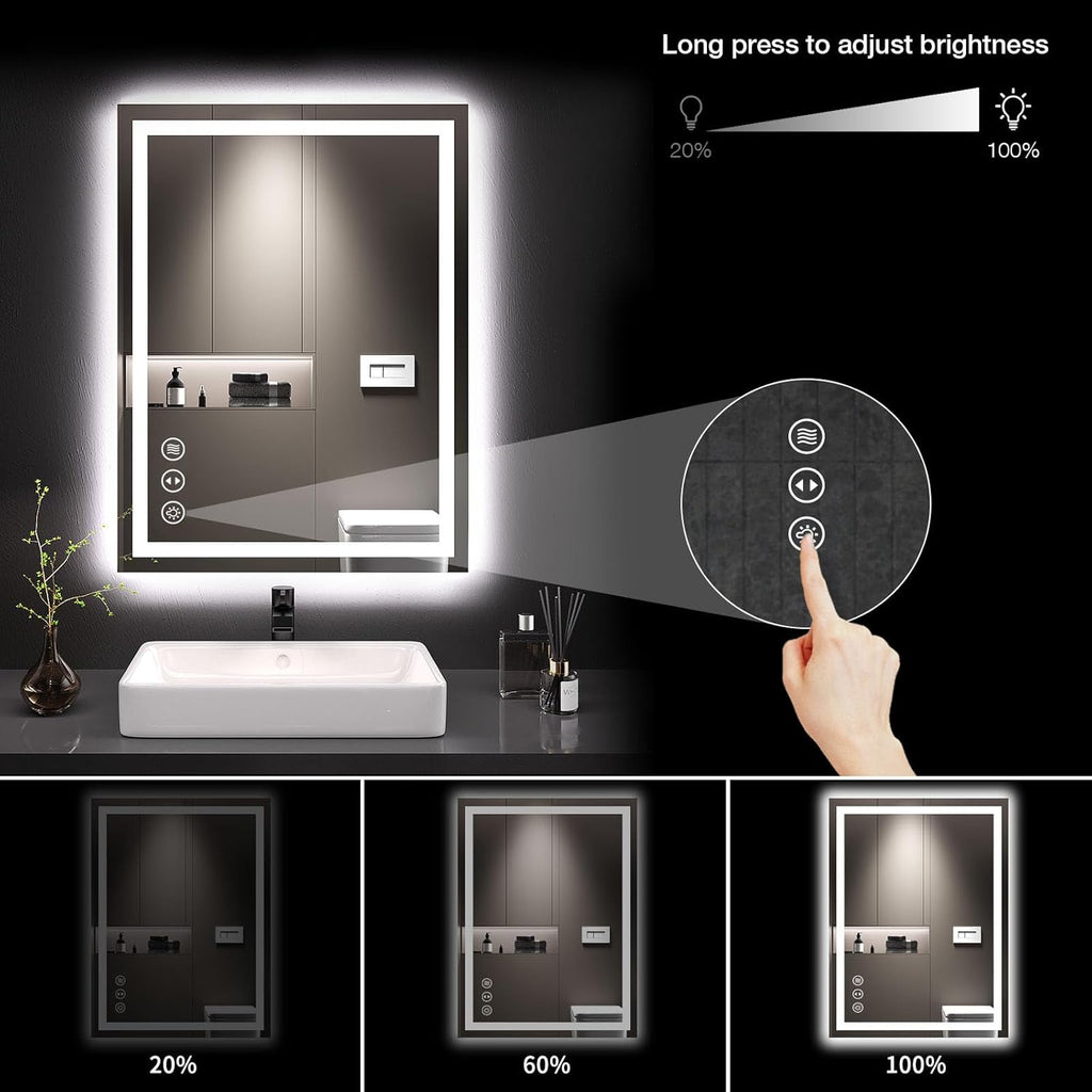 24"X32" LED Bathroom Mirror with Lights | Anti-Fog, Dimmable, 3 Color Temperature, Backlit + Front Lit, Memory