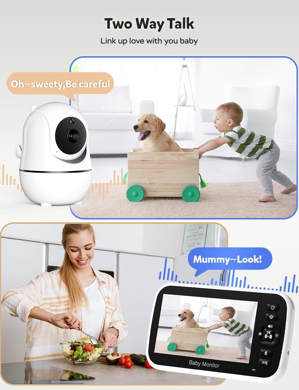 5" Split Screen Baby Monitor with 2 Cameras and Audio | No WiFi Secure Camera, 30-Hour Battery, Remote PTZ, Auto