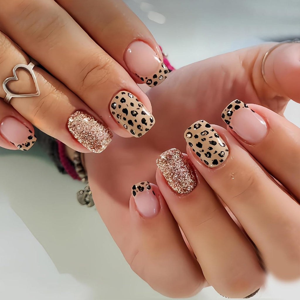 Fall Press On Nails Short Square with Leopard Golden Glitter