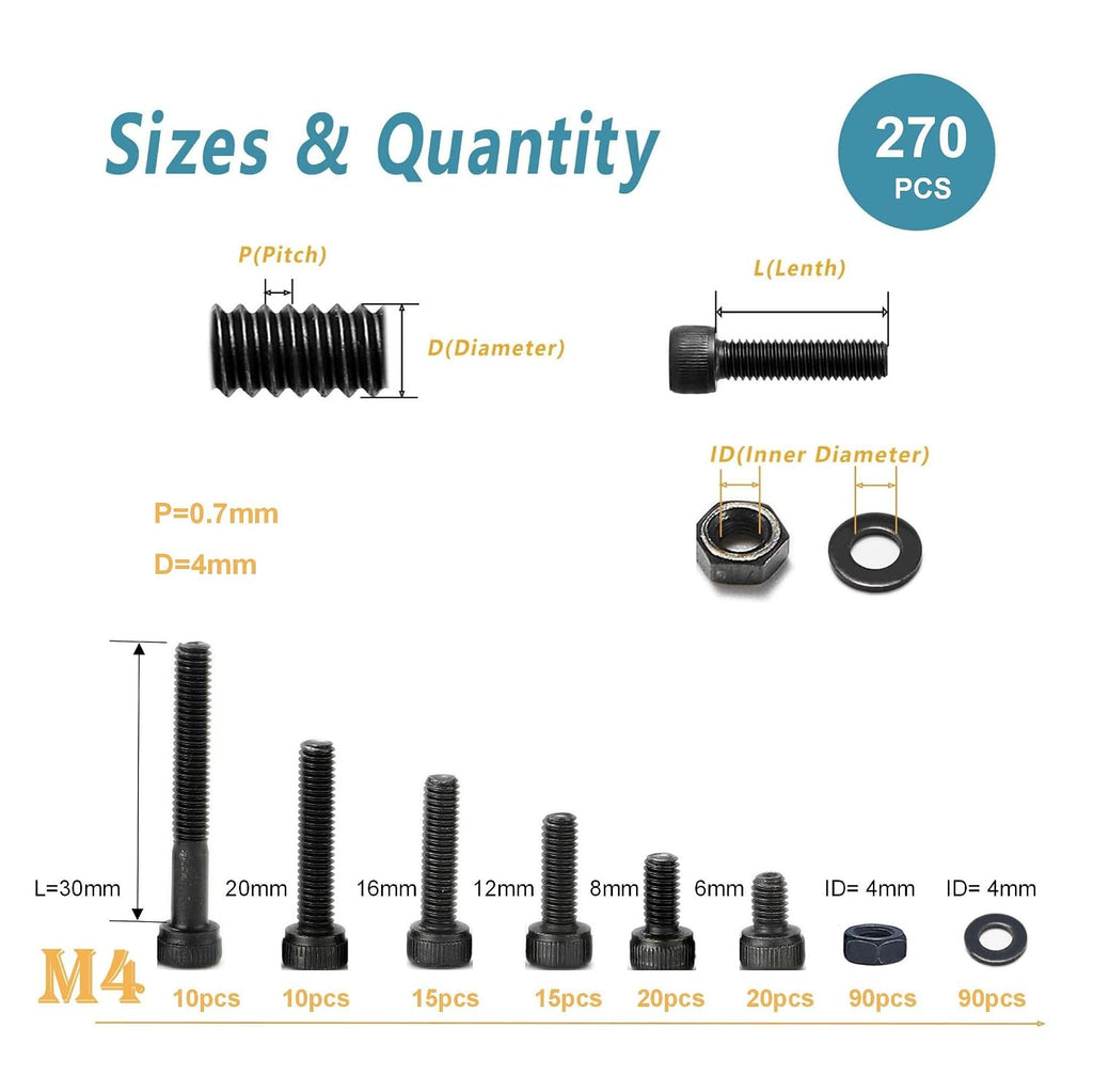 Kadrick Metric Screws Assortment,270 Pcs M4 Screw Kit,Hex Socket Head Cap Bolts, M4*6mm/8mm/12mm/16mm/20mm/30mm Screws Nuts and Washers, 12.9 Grade Alloy Steel,Black Zinc Plated,Anti Rust Upgrade