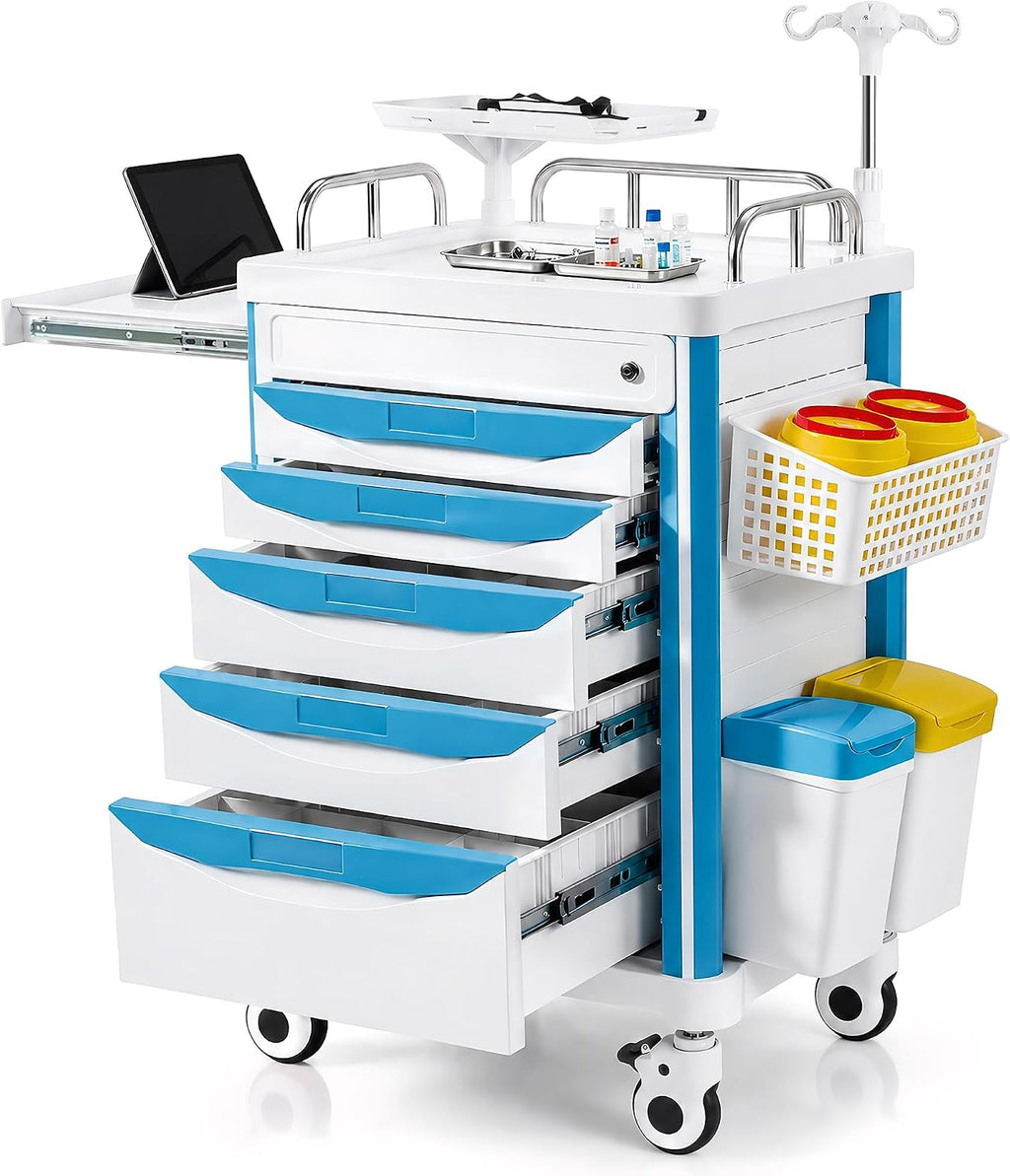Medical Rolling Storage Crash Cart with Wheels & Drawers, Hospital Mobile Ultrasound cart with 5 Drawers & Power