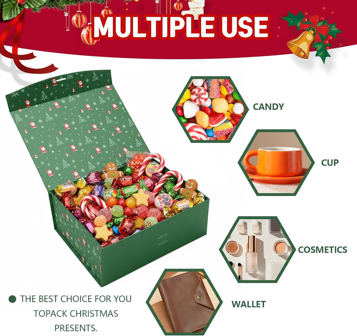 Christmas Magnetic Gift Boxes with Lids, Collapsible Hardboard Gift Packaging, Red & Green Holiday Boxes for