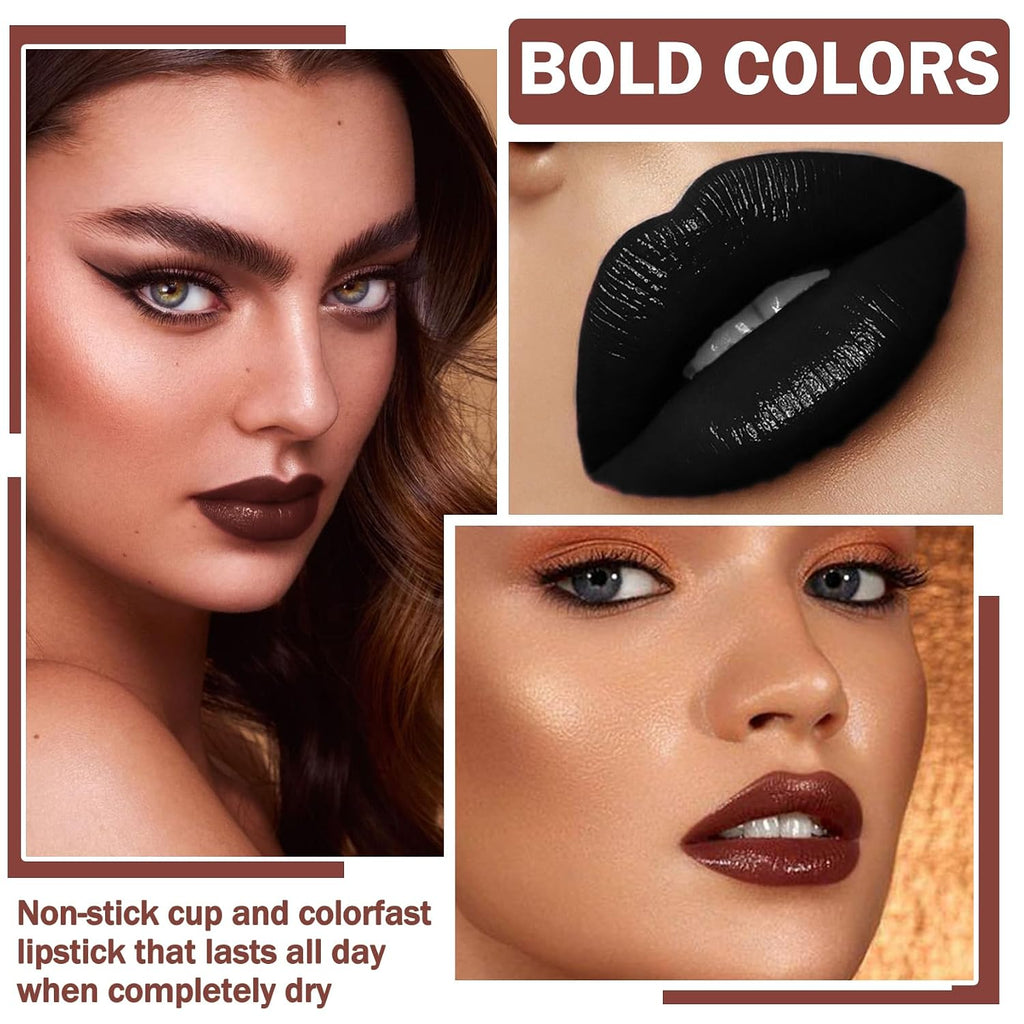 3 in 1 Black Lip Liner and Lipstick Lip Gloss Set (12 Black Magic) | Long-lasting Matte Velvet Goth Makeup,Nonstick