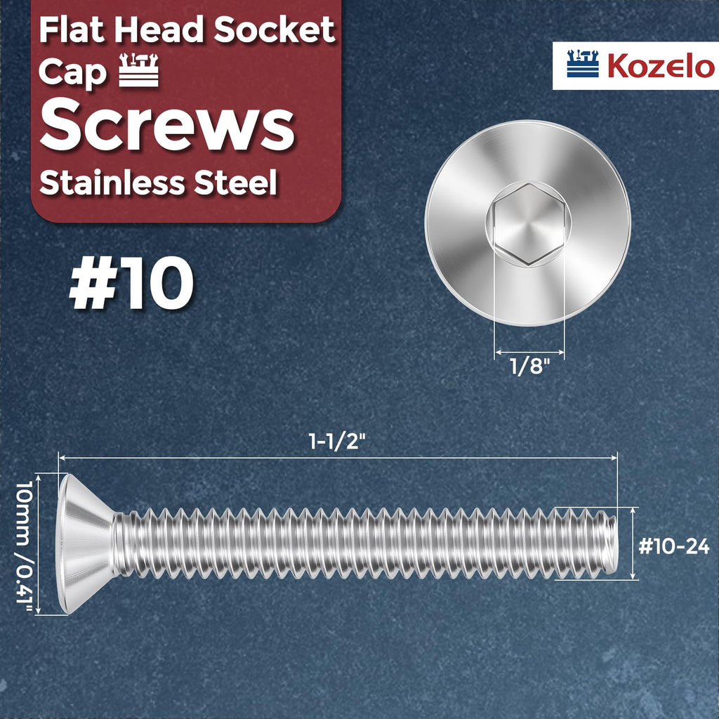 Kozelo 10Pcs #10-24x1-1/2 Flat Head Socket Cap Screw Countersunk Bolt