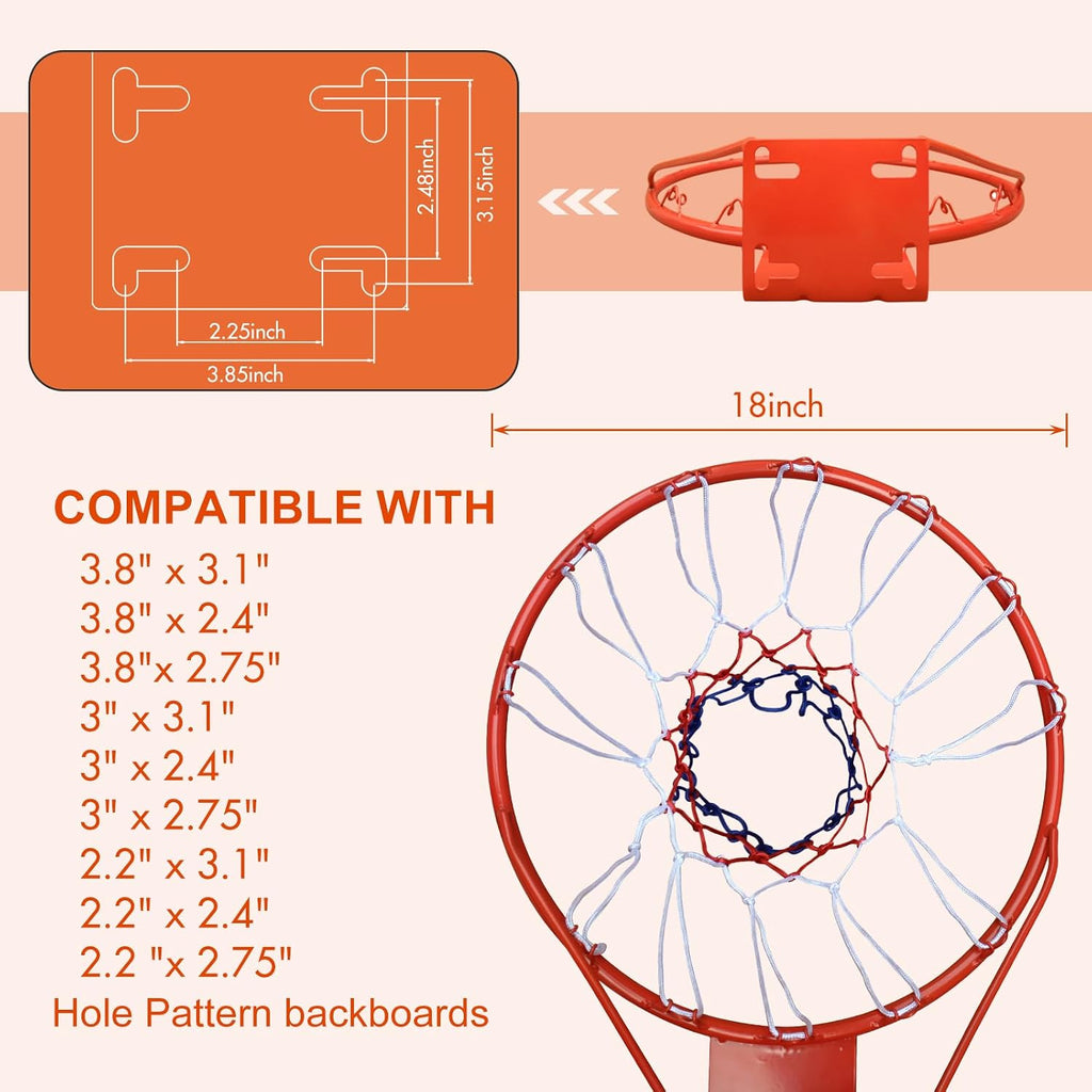 18 Inch Basketball Rim Replacement Wall Mounted Outdoor Basketball Hoop, Heavy Duty Solid Steel Basketball Hoop Rim