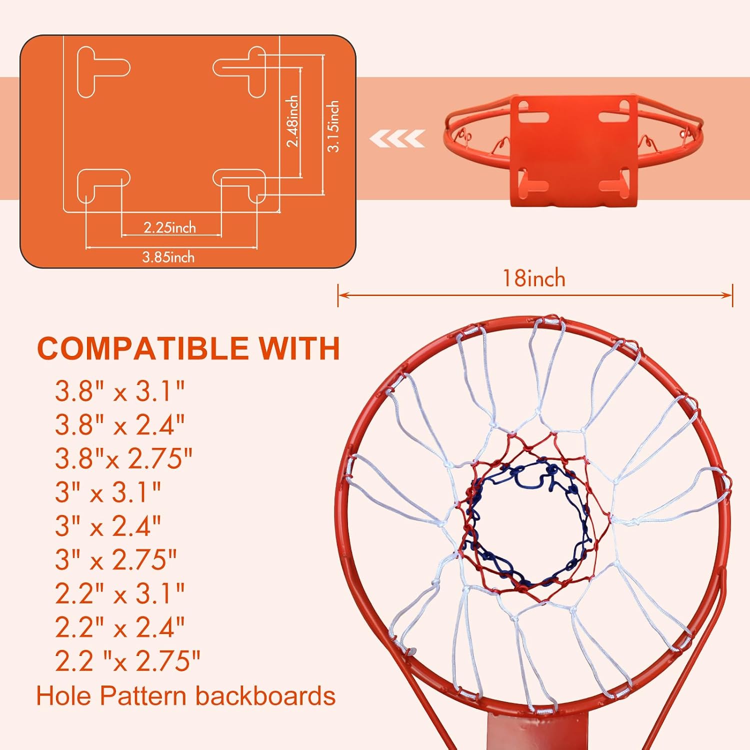18 Inch Basketball Rim Replacement Wall Mounted Outdoor Basketball Hoop, Heavy Duty Solid Steel Basketball Hoop Rim