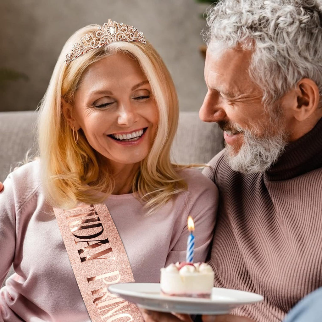 Princess Crown and Birthday Sash Set - Tiara for Women, Girls Birthday Decorations and Gifts - Rose Gold
