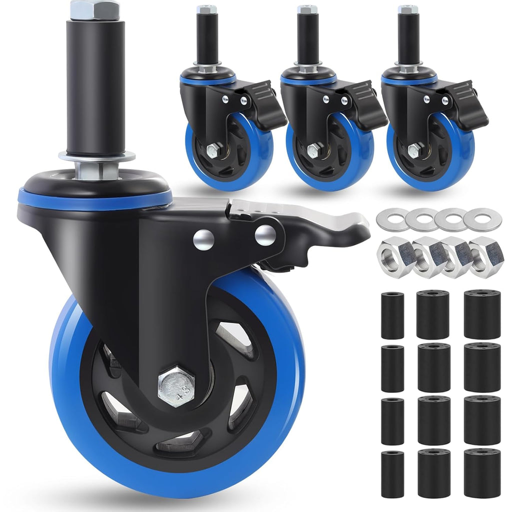 4 Inch Prep Table Cater Wheels Set of 4, Threaded Swivel Expanding Stem Casters with Brake Fit 7/8", 1", 1-1/2", or
