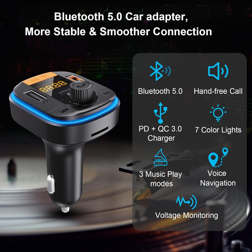 Bluetooth FM Transmitter for Car - BAISHUN Bluetooth 5.0 Adapter PD20W+QC3.0 Cigarette Lighter Radio Receiver Music