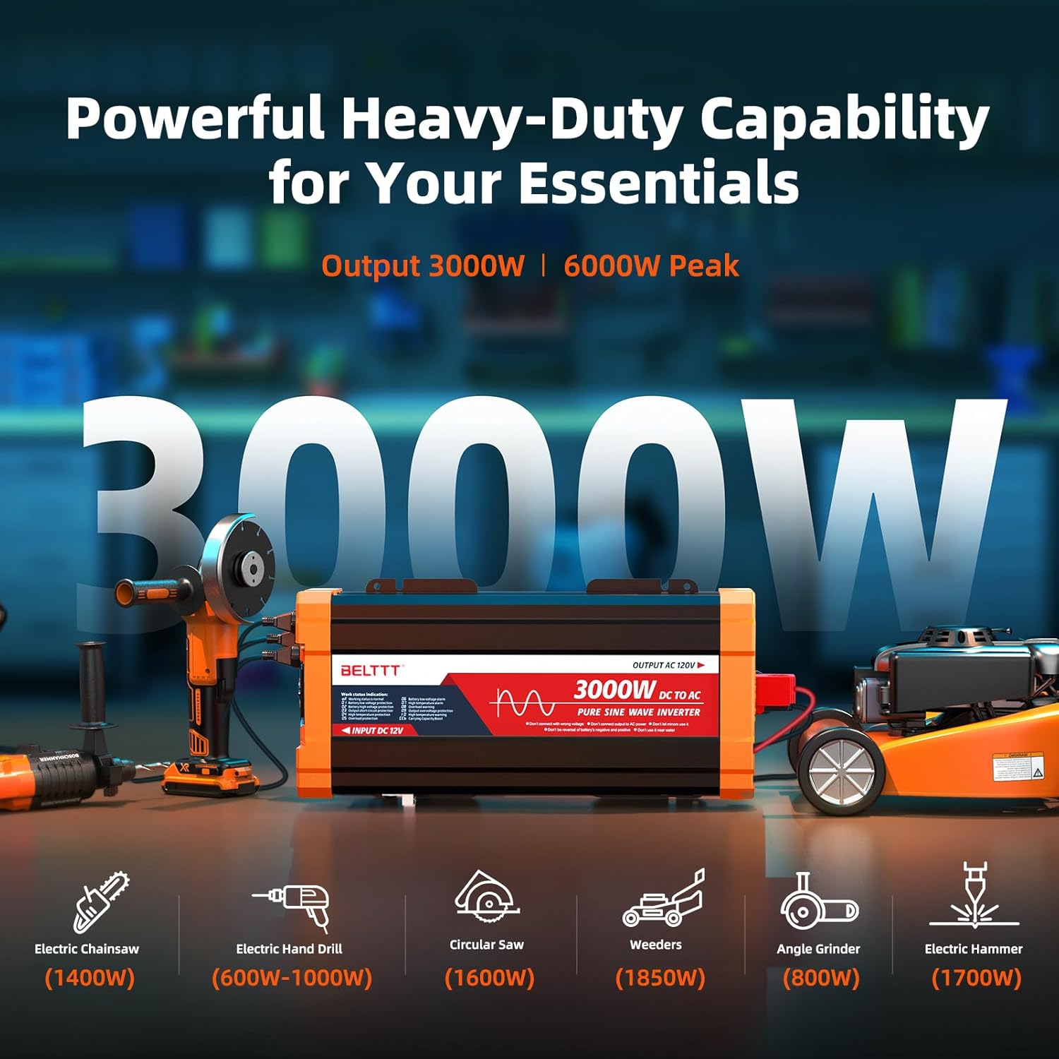 3000W Pure Sine Wave Inverter 12V DC to 120V AC, 6000W Peak | LCD Display, 23 ft Wired Remote, Dual AC and 20A