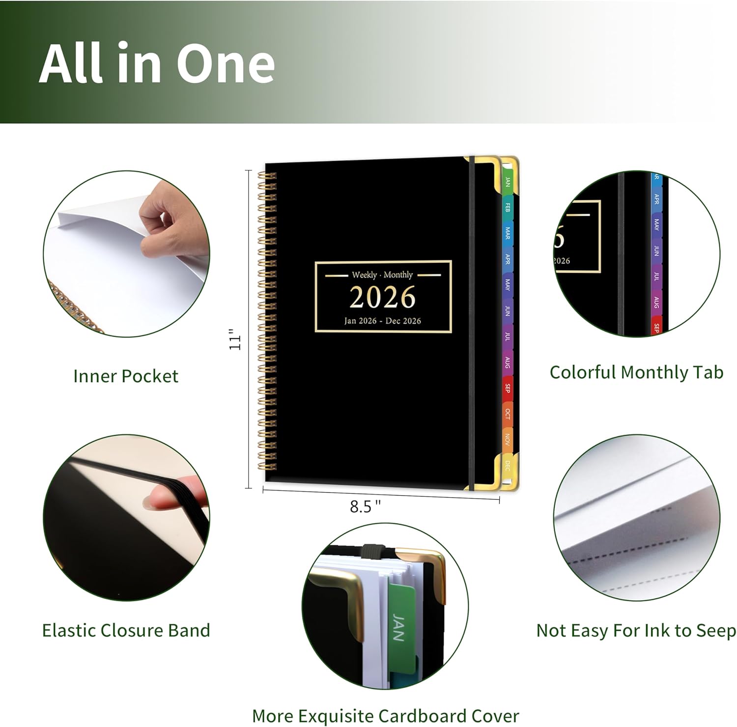 Planner -2026, Hardcover Weekly & Monthly Calendar Planner, January 2026 - December 2026, 8.5" x 11", Daily Agenda