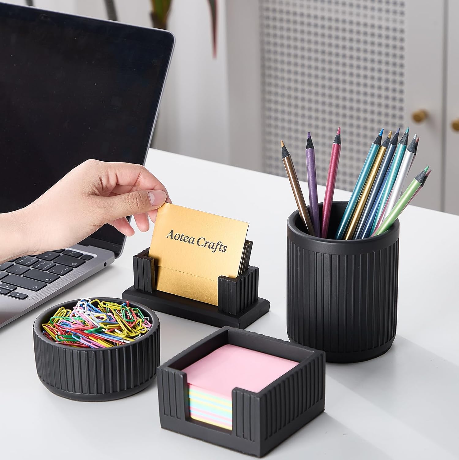 Set of 4 - Concrete Desk Accessories For Modern, Industrial, Minimalist Office Decor- Aesthetic Desk Organizers