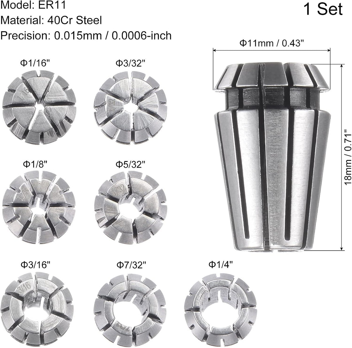 uxcell 7pcs ER11 Spring Collet Set 1/16" to 1/4" Chuck for CNC Machine