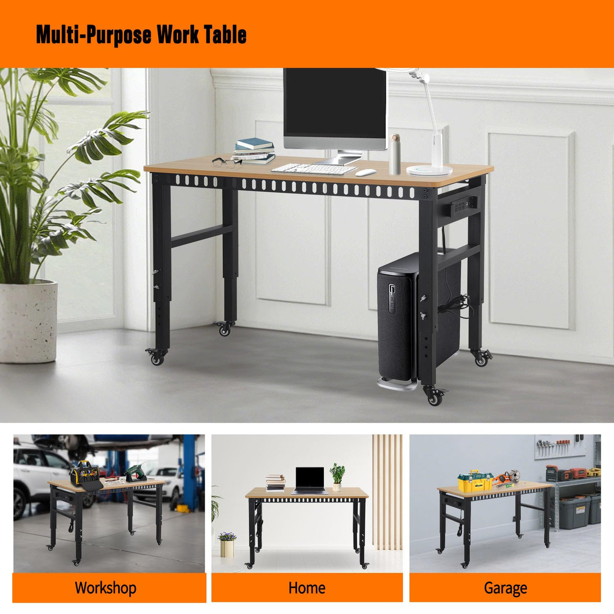 Adjustable Workbench w/Power Strip & Wheels, 48" 2000LBS, Rubber Wood Top