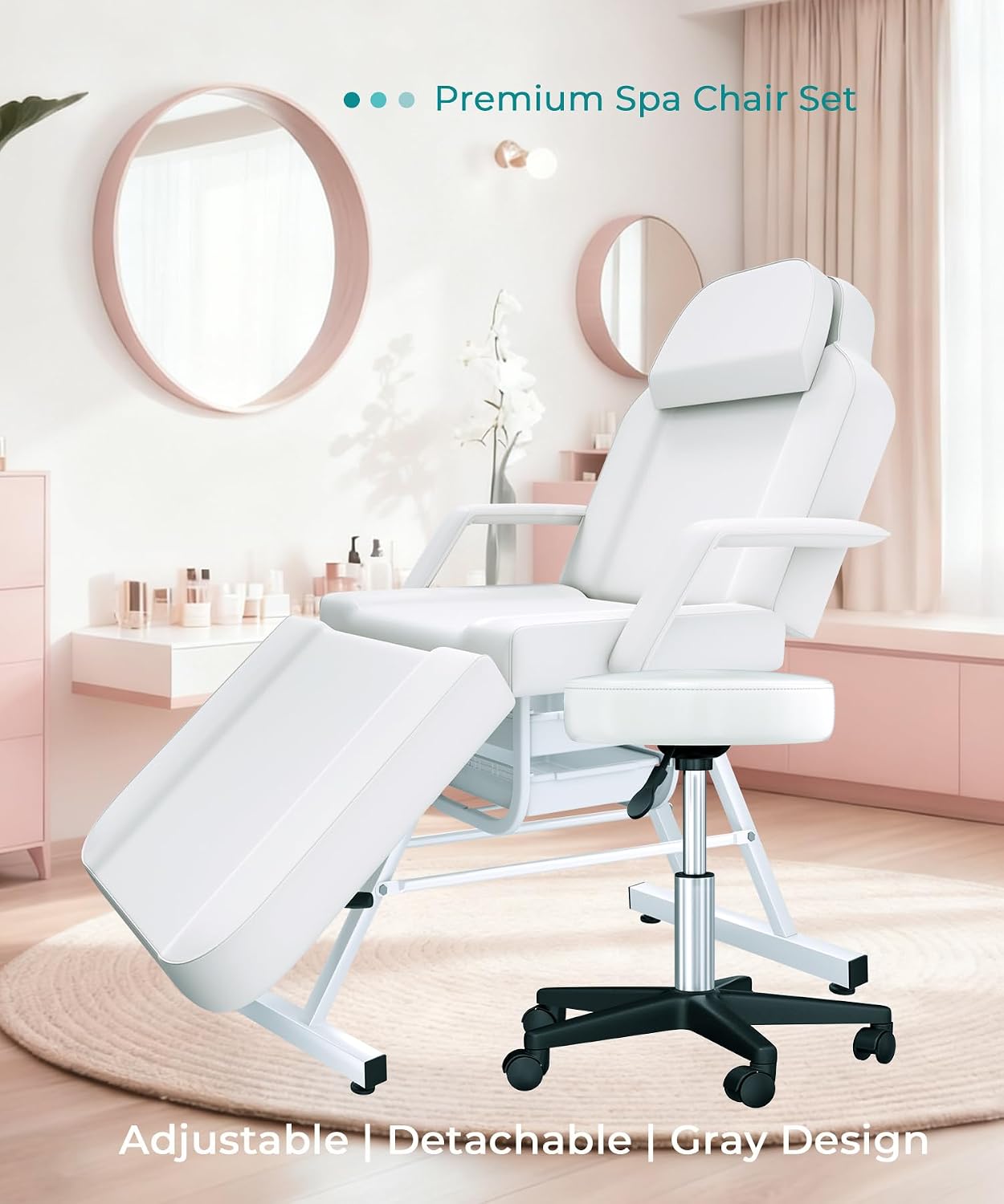 White Tattoo Chair for Client with Hydraulic Rolling Stool, Facial Bed Tattoo Client Chair Facial Chairs for