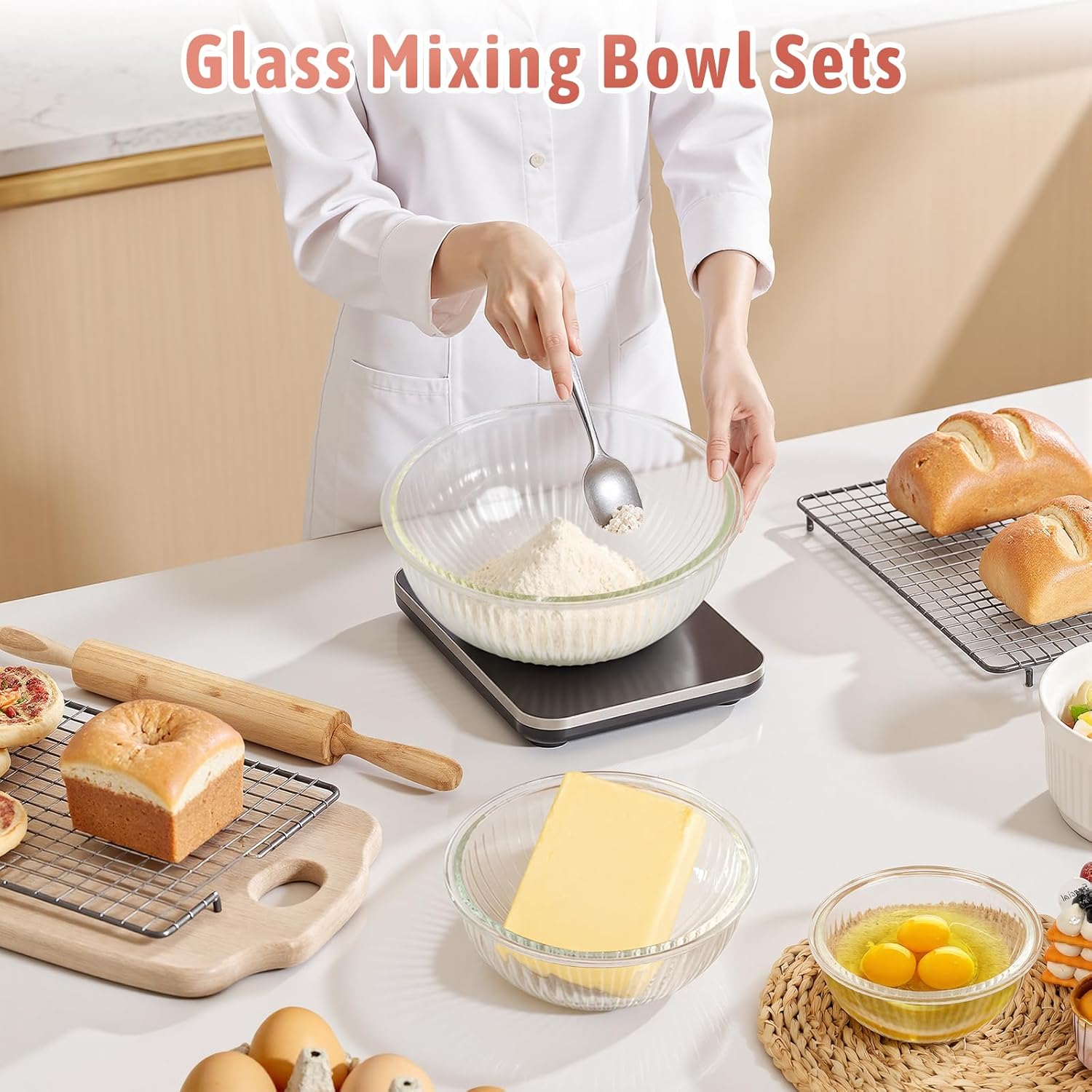 Glass Mixing Bowls with Lids Sets, 4 Packs Glass Bowls with Lids for Kitchen Baking, Meal Prepping and Salad, Bpa