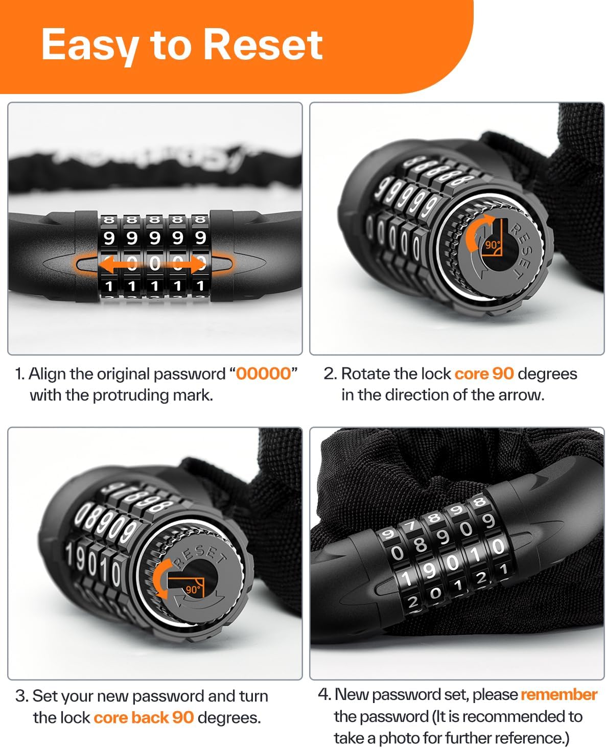 Bike Lock: 5 Digit Combination High Security Anti Theft Bike Chain Lock - 3.2/3.6/4ft Heavy Duty Keyless Bicycle Lock