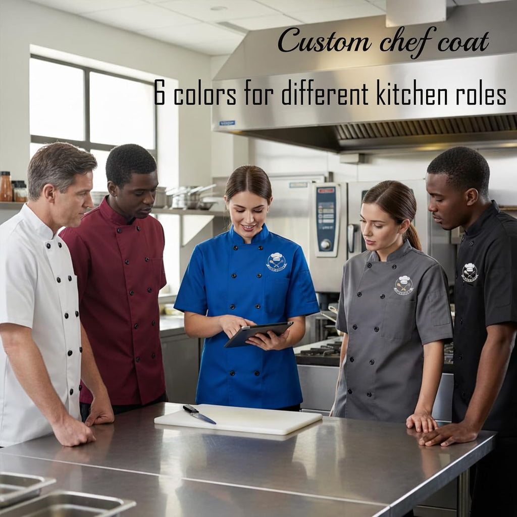 Custom Chef Coat Men Women Personalized Chef Jacket＆Hat with Logo Name Text Customized Chef's Uniform Short Sleeve