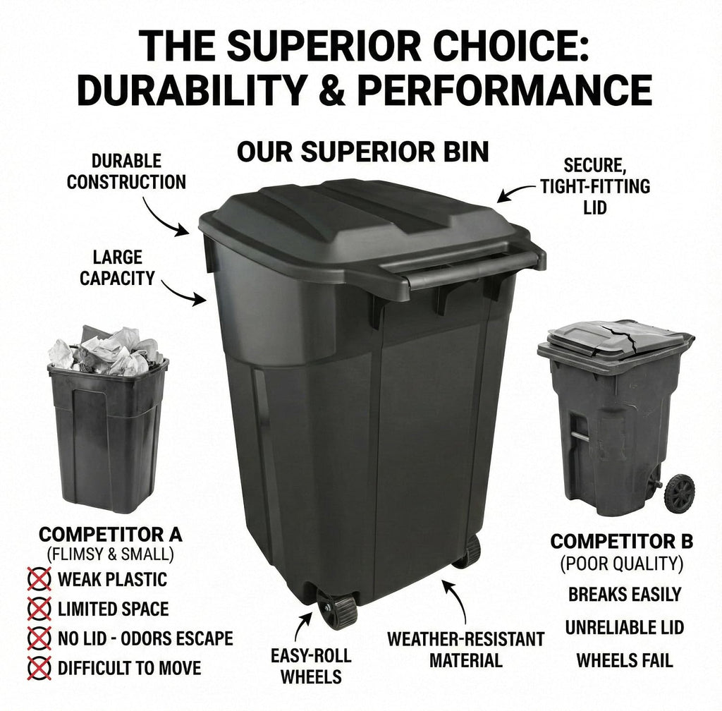 Outdoor Trash Can with Lid & Wheels, 45 Gallon Large Garbage Can for Garage & Patio, Heavy Duty Lockable Lid, Rugged