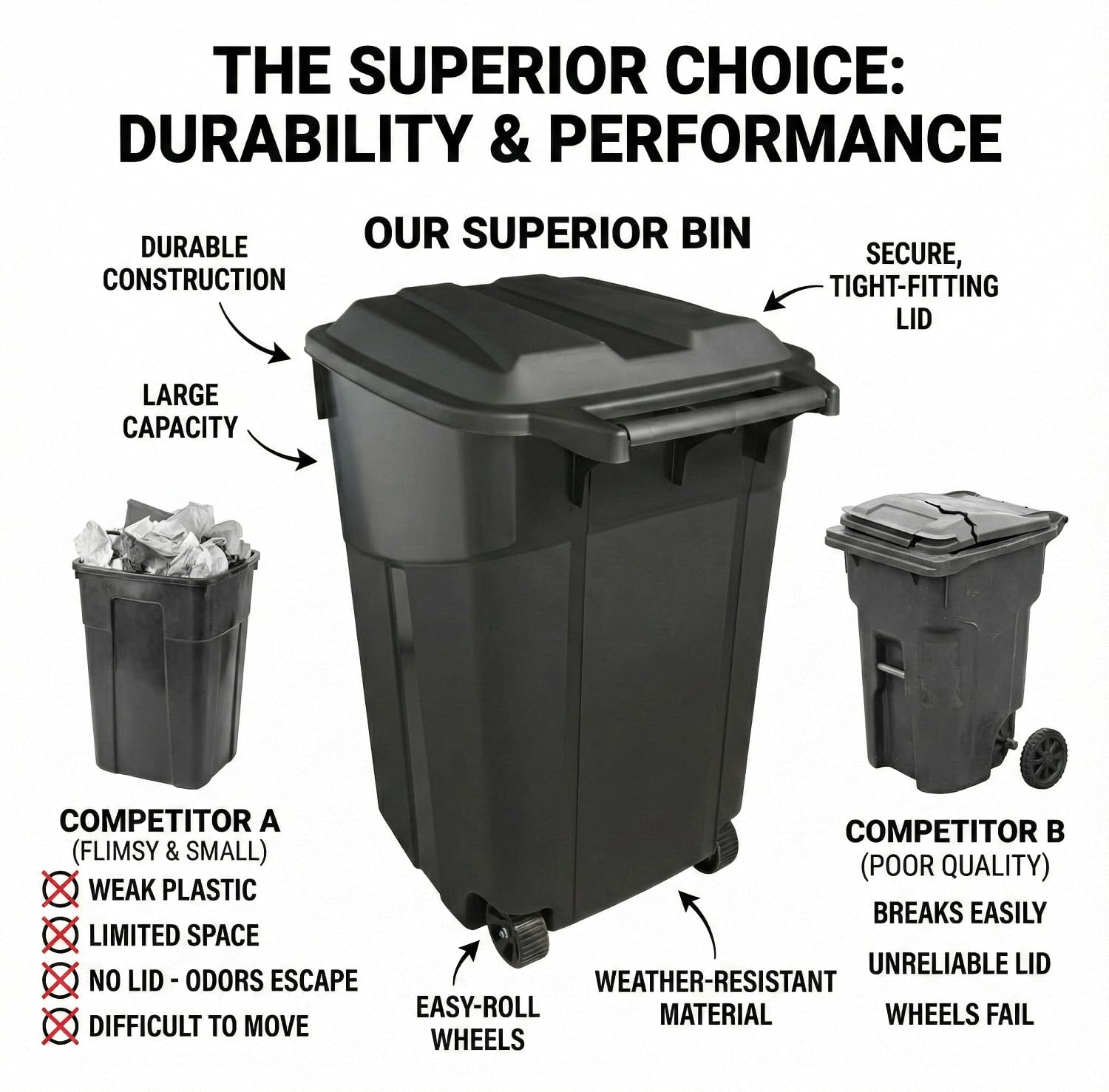 Outdoor Trash Can with Lid & Wheels, 45 Gallon Large Garbage Can for Garage & Patio, Heavy Duty Lockable Lid, Rugged