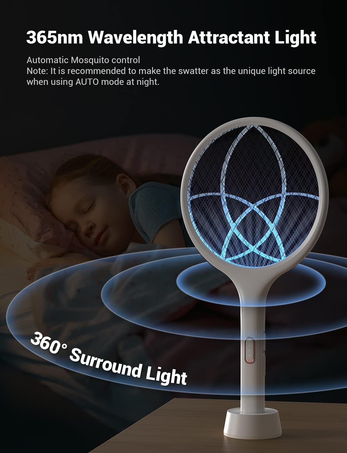 Electric Fly Swatter 4000V Bug Zapper Racket Dual Mode (1, White) | Auto Manual Mode, Purple Attractant Light