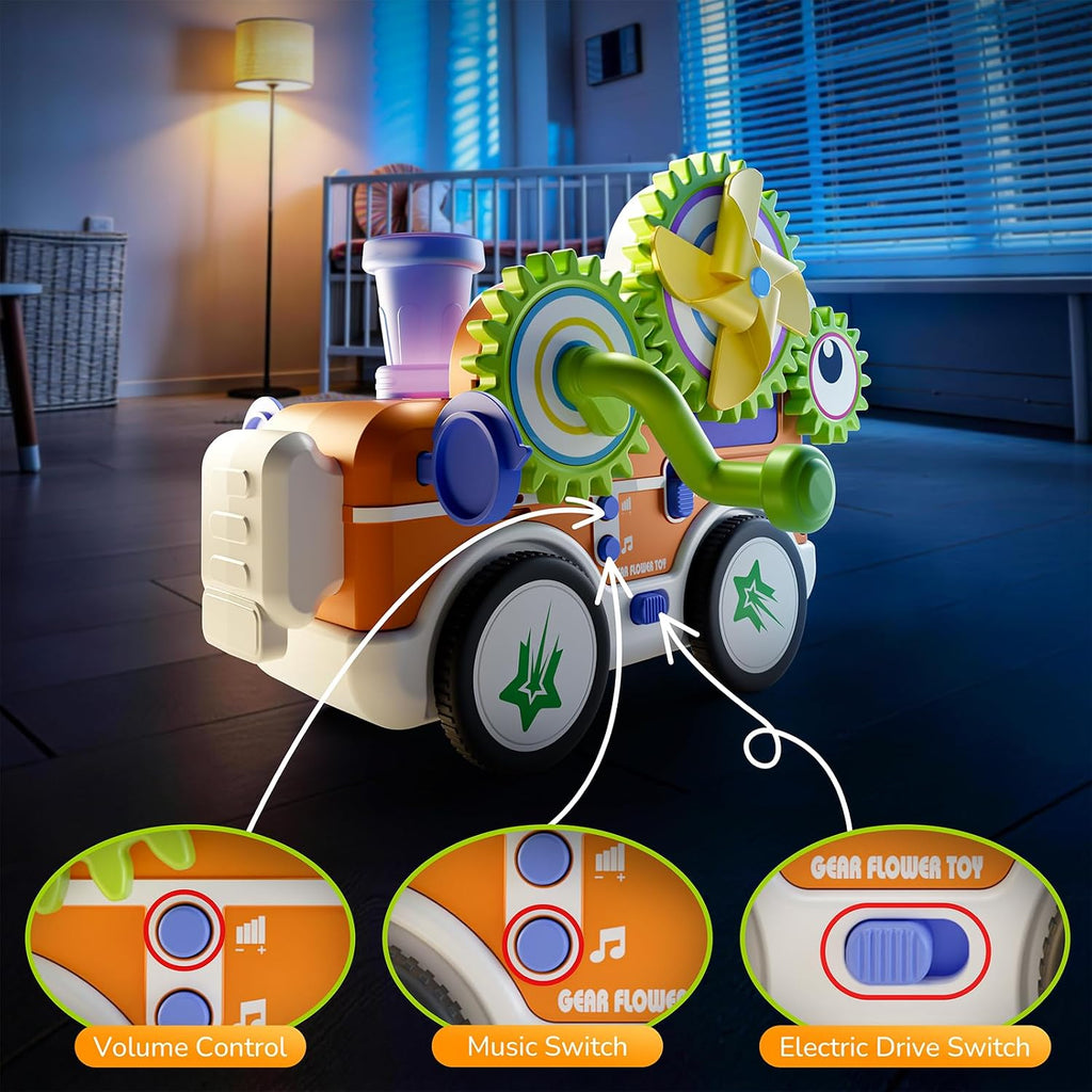 Gears Building Toys for Kids Ages 3+, STEM Construction Set for Toddlers, Train and Flower Models with Electric &