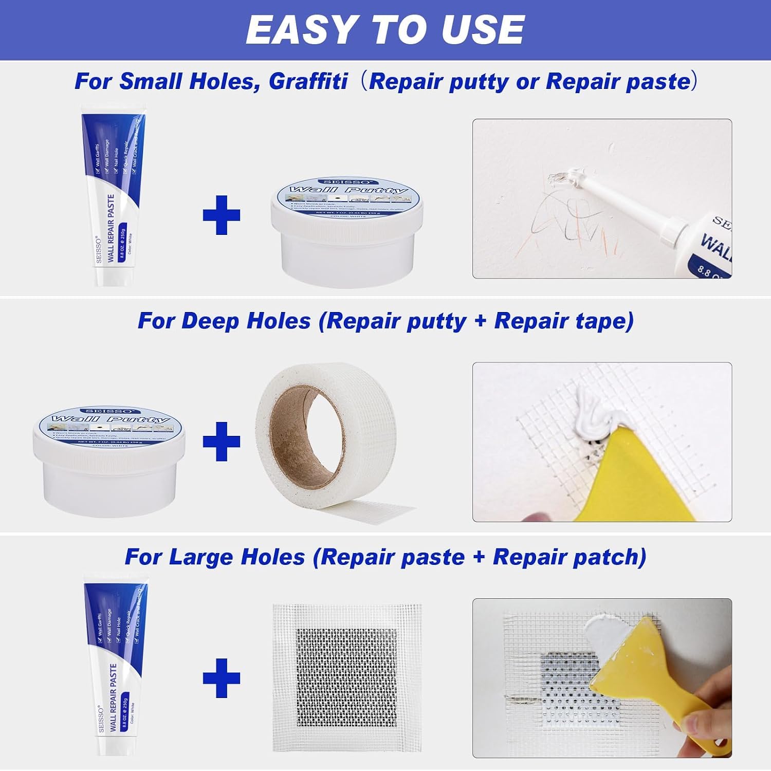 Drywall Repair Kit, White- Wall Mending Agent 250 g* 2, Wall Repair Paste Plaster, 1 Pack Wall Putty, Repair Tape and
