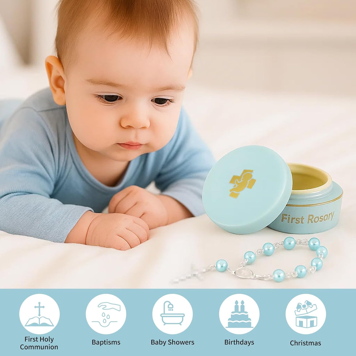 My First Rosary, Baptism Rosary for Boys and Ceramic Keepsake Box