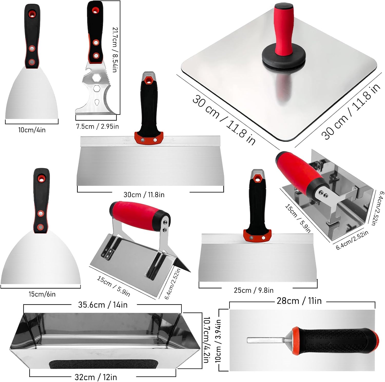 Drywall Knife Set, 10 Pcs Drywall Hand Tool Kit | Putty Knife, Aluminum Hawk, Mud Pan, Finishing Trowel