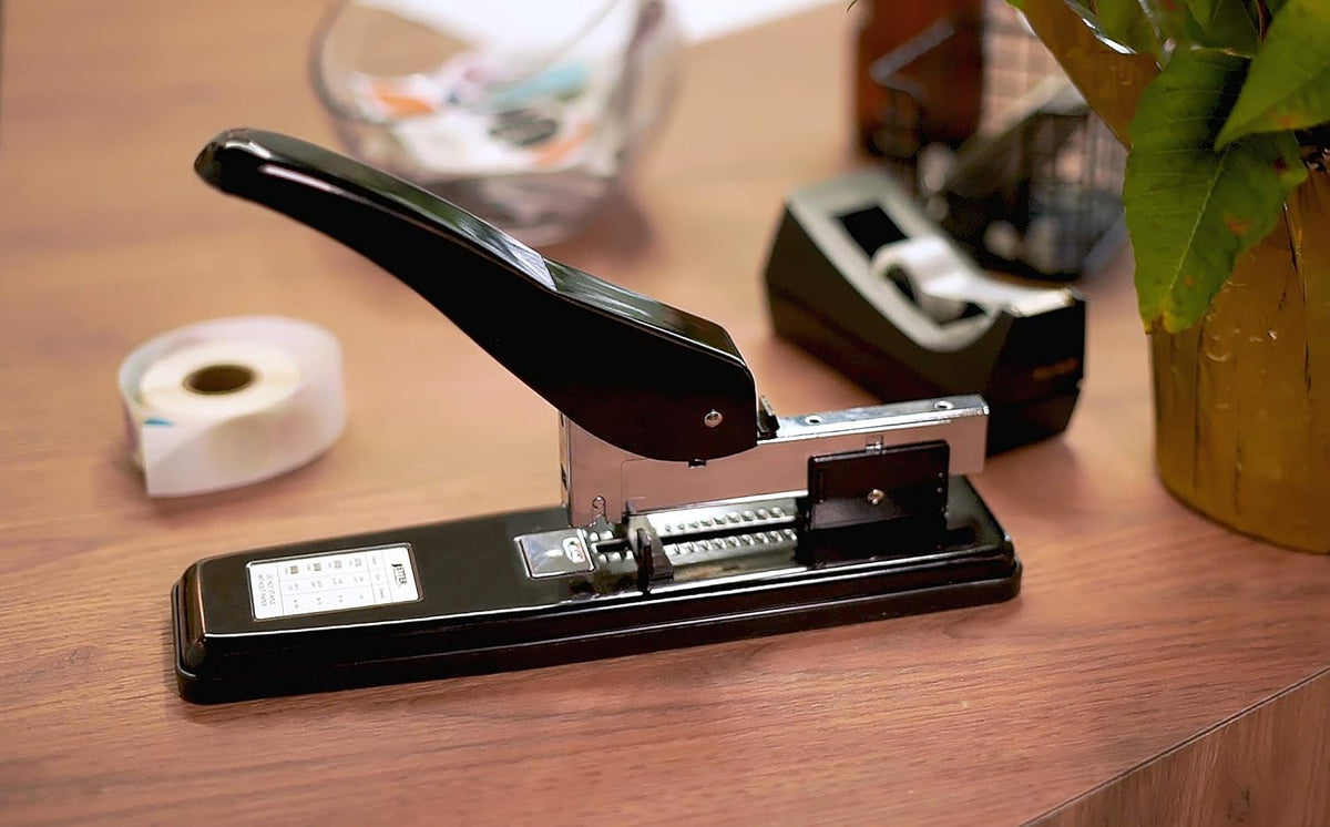 Heavy Duty Commercial Stapler with 2,000 Staples, Black Polished Steel, 100 Sheet High Capacity, Rounded Ergonomic